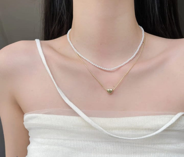 Double Layer Heart Pearl Pendant Necklace
