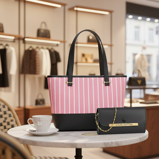 2-Piece Women Handbag Set Pink Striped Tote & Black Chain Clutch