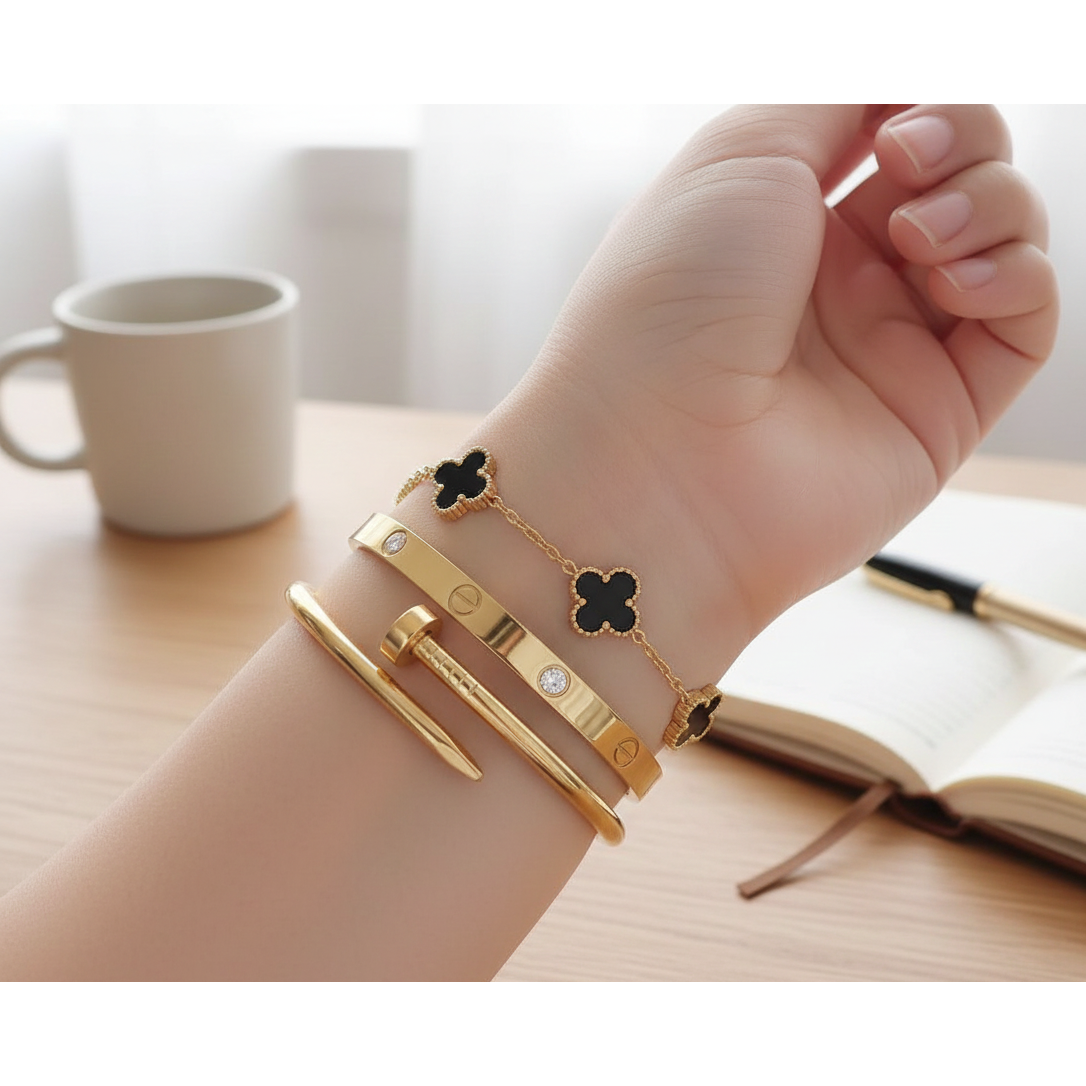 3-Piece Gold Stainless Steel Bangle Set for Women