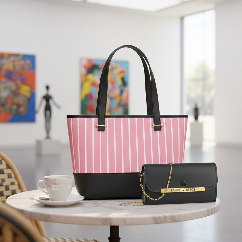 2-Piece Women Handbag Set Pink Striped Tote & Black Chain Clutch