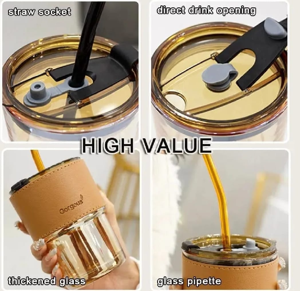 300ml Reusable Glass Coffee Mug with Straw